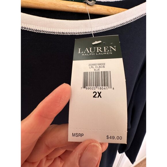 NEW Lauren Ralph Lauren Classics Navy Blue Boatneck Top Woman's Size 2X Nautical - Picture 7 of 10